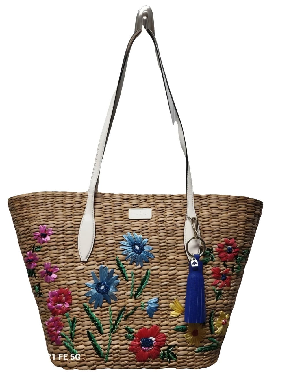 kate spade Woven Straw Tote with Multicolor Floral Embroidery and White Handles